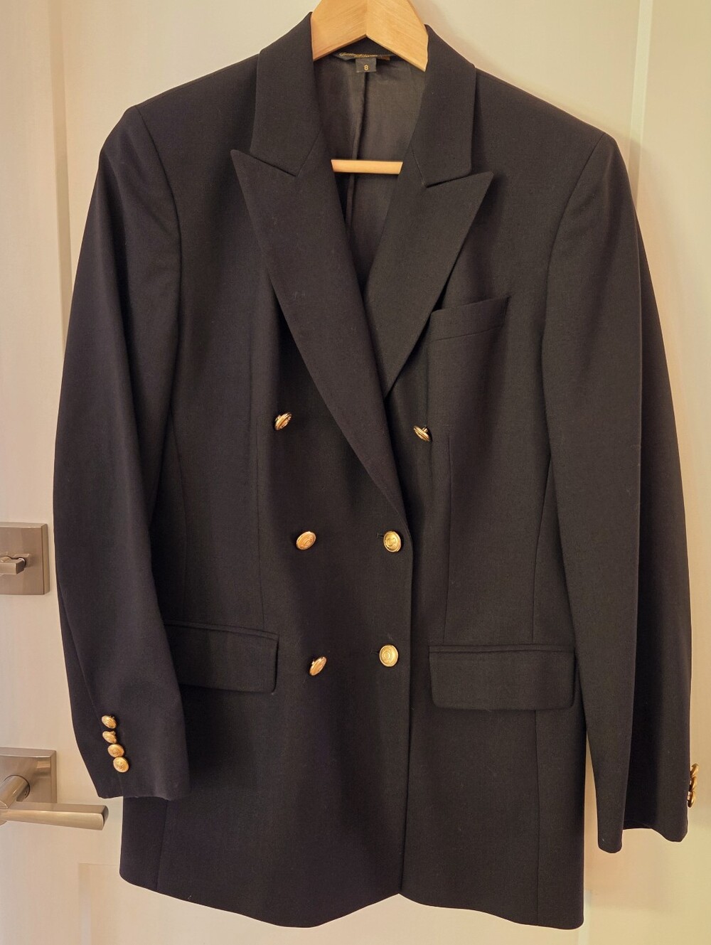 Brooks Brothers Black Wool Double Breasted Blazer Gold Buttons Preppy Size 8